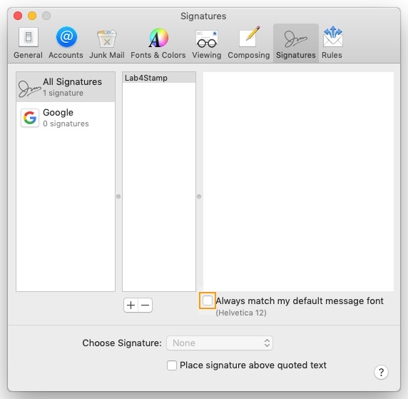 Mac Mail Signature. Disable default font.